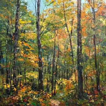 Mixed media acrylic art of an autumn transitioning deciduous forest - Image 4