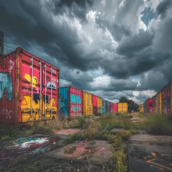 Abandoned shipping containers painted with graffiti against a cloudy sky - Image 3