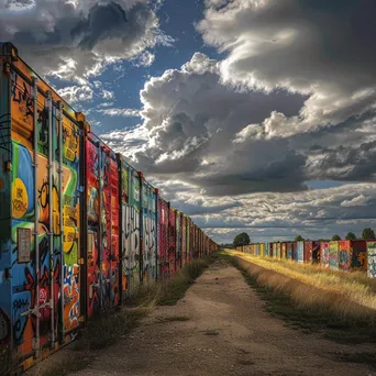 Abandoned shipping containers painted with graffiti against a cloudy sky - Image 4