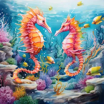 Aquatic rodeo scene with galloping seahorses in a vibrant coral reef - Image 3