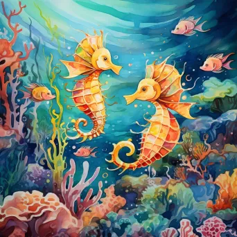 Aquatic rodeo scene with galloping seahorses in a vibrant coral reef - Image 4