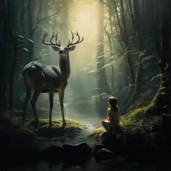 Image of child and deer moment in tranquil forest - Image 1