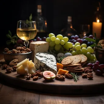 An artfully arranged charcuterie board with organic cheeses and fruits in a rustic kitchen. - Image 1