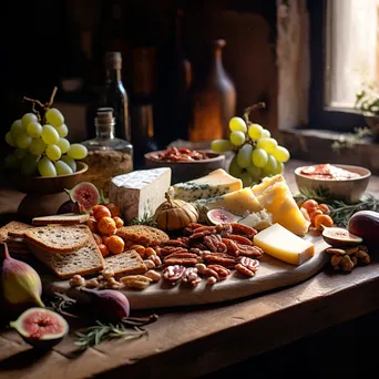 An artfully arranged charcuterie board with organic cheeses and fruits in a rustic kitchen. - Image 3