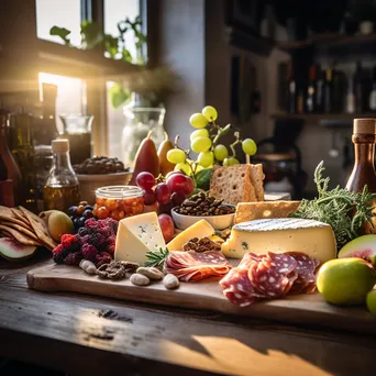 An artfully arranged charcuterie board with organic cheeses and fruits in a rustic kitchen. - Image 4