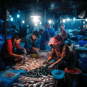 Fishermen sorting seafood at a lively harbor fish market. - Image 2