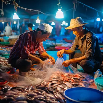 Fishermen sorting seafood at a lively harbor fish market. - Image 4