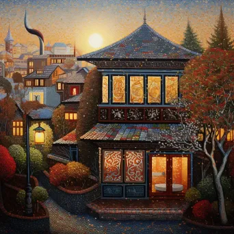 Pointillist painting of a Turkish tea house at dawn - Image 2