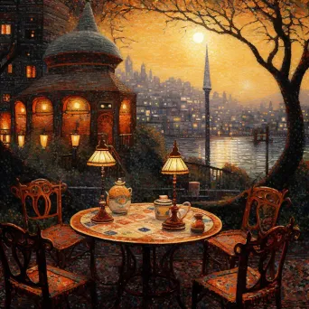 Pointillist painting of a Turkish tea house at dawn - Image 3