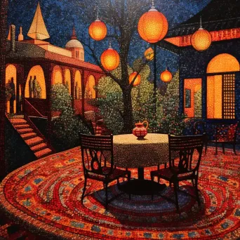 Pointillist painting of a Turkish tea house at dawn - Image 4