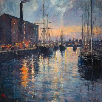 Impressionist painting of a bustling industrial port at twilight, reflecting docklights on water, inspired by Monet