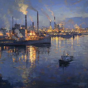 Impressionist painting of a bustling industrial port at twilight, reflecting docklights on water, inspired by Monet