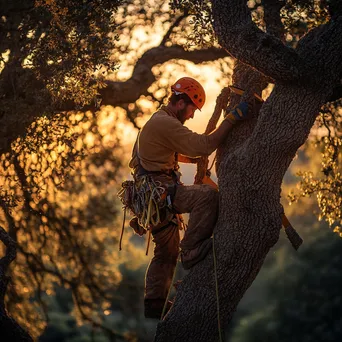 Cork harvester climbing an oak tree with tools - Image 1