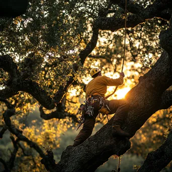 Cork harvester climbing an oak tree with tools - Image 2