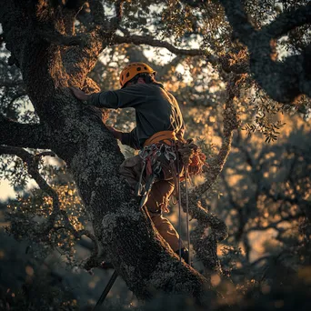 Cork harvester climbing an oak tree with tools - Image 3