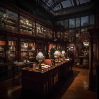 An old-fashioned library with rare books, woodwork, and a librarian. - Image 2