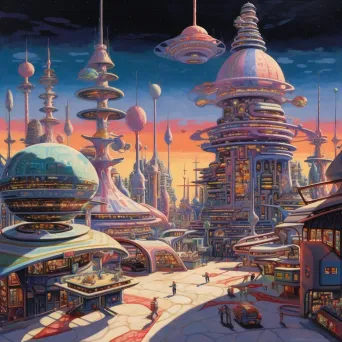 Illustration of a flourishing alien marketplace set in a city with bizarre architecture under a sky of distant galaxies - Image 1