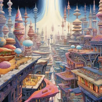 Illustration of a flourishing alien marketplace set in a city with bizarre architecture under a sky of distant galaxies - Image 3