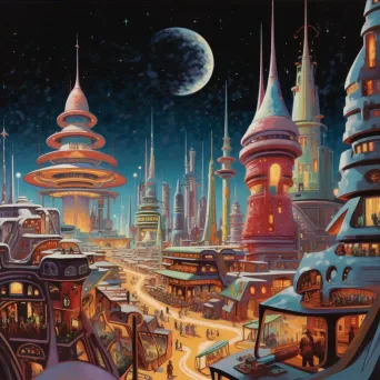 Illustration of a flourishing alien marketplace set in a city with bizarre architecture under a sky of distant galaxies - Image 4