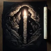 Torch illuminating a dark cave with ancient drawings symbolizing the power of knowledge - Image 1