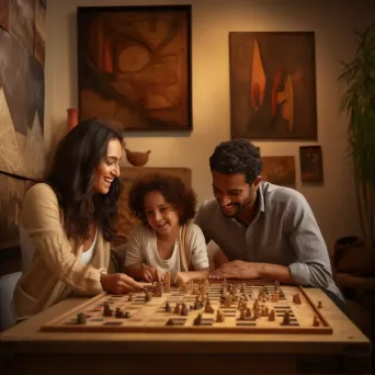 Family enjoying a traditional board game in a warm fresco-style - Image 2