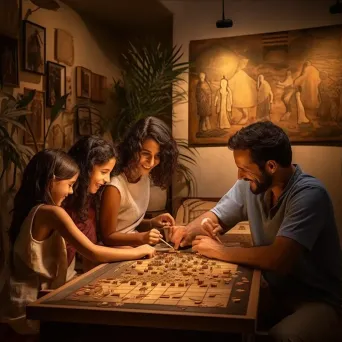 Family enjoying a traditional board game in a warm fresco-style - Image 3