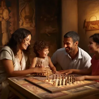 Family enjoying a traditional board game in a warm fresco-style - Image 4