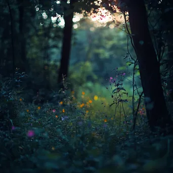 Woodland understory bustling with insects and wildlife during twilight. - Image 1