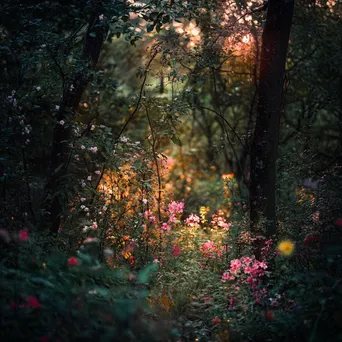 Woodland understory bustling with insects and wildlife during twilight. - Image 2