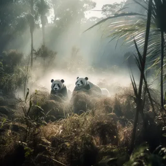 Image of endangered giant pandas frolicking amongst thick bamboo groves - Image 1