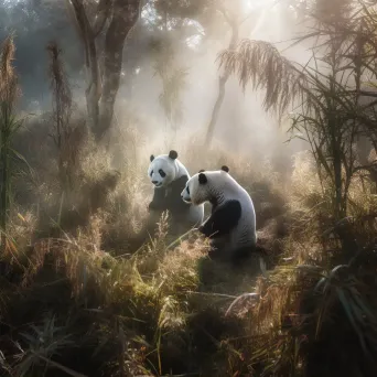 Image of endangered giant pandas frolicking amongst thick bamboo groves - Image 2