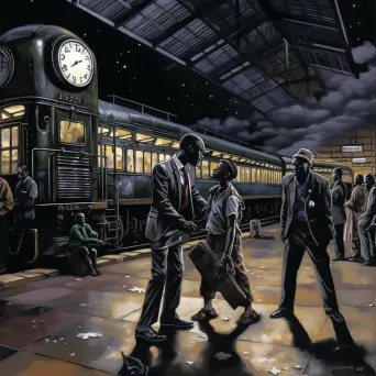 Image of a dramatic face-off in a deserted train station with the clock striking midnight - Image 1