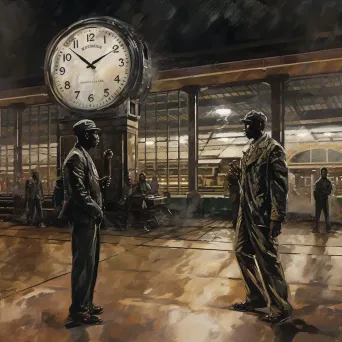 Image of a dramatic face-off in a deserted train station with the clock striking midnight - Image 3