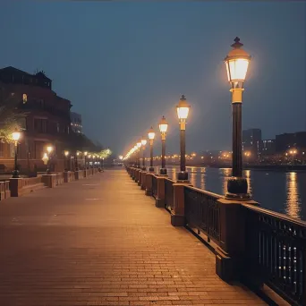 Calm riverside promenade with gentle streetlights overlooking city views at night - Image 3