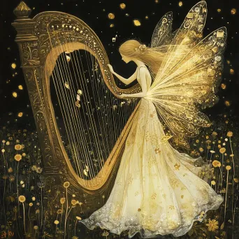 Fairy playing a magical harp with notes transforming into creatures of light - Image 2