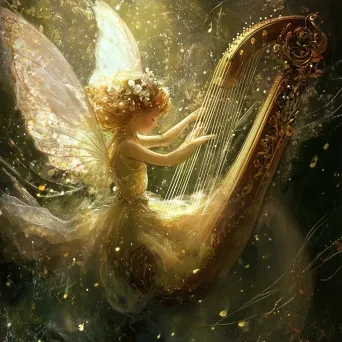 Fairy playing a magical harp with notes transforming into creatures of light - Image 3