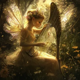 Fairy playing a magical harp with notes transforming into creatures of light - Image 4