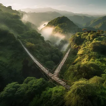 Traditional rope bridge over a green valley at dawn - Image 1