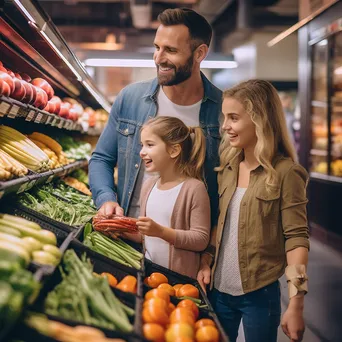 A family shopping for organic goods in a grocery store aisle. - Image 1