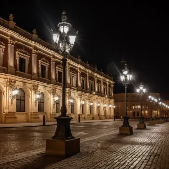 Historic city square with ornate street lamps glowing at night - Image 2