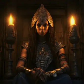 An ancient Egyptian priestess bearing ornate hieroglyphic tattoos, glowing in candlelight - Image 3