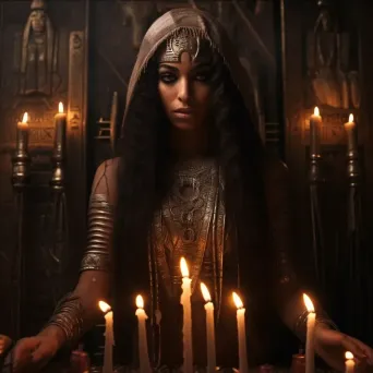 An ancient Egyptian priestess bearing ornate hieroglyphic tattoos, glowing in candlelight - Image 4