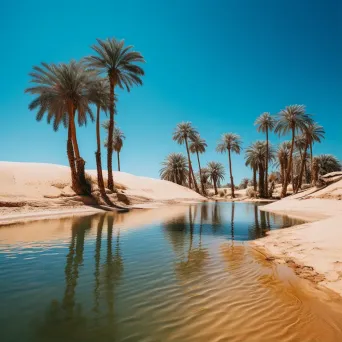 Desert oasis with palm trees under clear blue sky - Image 1