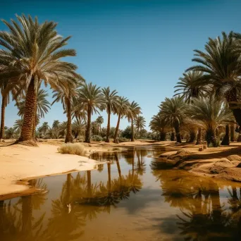 Desert oasis with palm trees under clear blue sky - Image 3