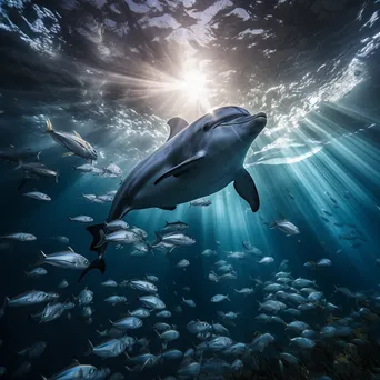 Underwater shot of a dolphin swimming among silver fish. - Image 1