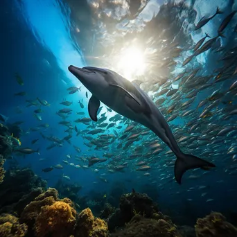 Underwater shot of a dolphin swimming among silver fish. - Image 2