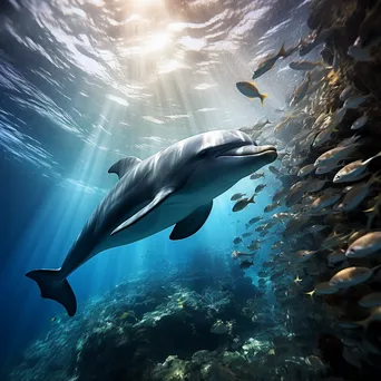 Underwater shot of a dolphin swimming among silver fish. - Image 4