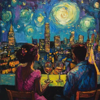 Impressionistic style image of a couple on rooftop with stars reflected in their wine glasses - Image 1