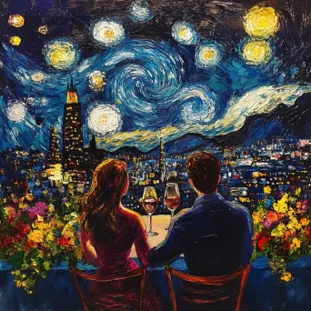 Impressionistic style image of a couple on rooftop with stars reflected in their wine glasses - Image 4