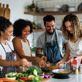 Diverse friends happily cooking together in a bright kitchen - Image 1